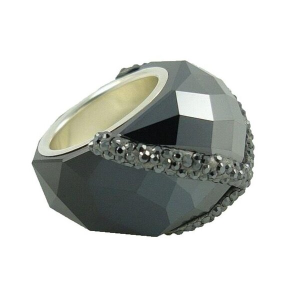 Swarovski Nirvana Lucent Crystal Silk Cocktail Ring Size 58 / 8 – Black Shine - Picture 2 of 7